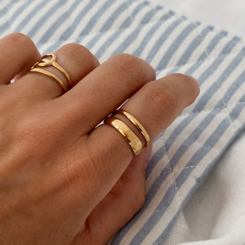 Bague en acier inoxydable doré Bijou double rangs au fini lisse  Taille ajustable de 52 à 58 Cette bague est garantie sans nickel, sans cadmium, sans sel de plomb Elle résiste à l’eau et ne noircit pas