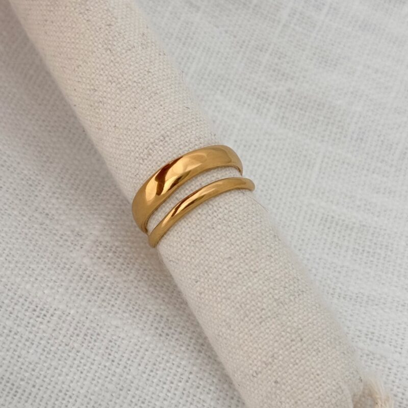 Bague en acier inoxydable doré Bijou double rangs au fini lisse  Taille ajustable de 52 à 58 Cette bague est garantie sans nickel, sans cadmium, sans sel de plomb Elle résiste à l’eau et ne noircit pas
