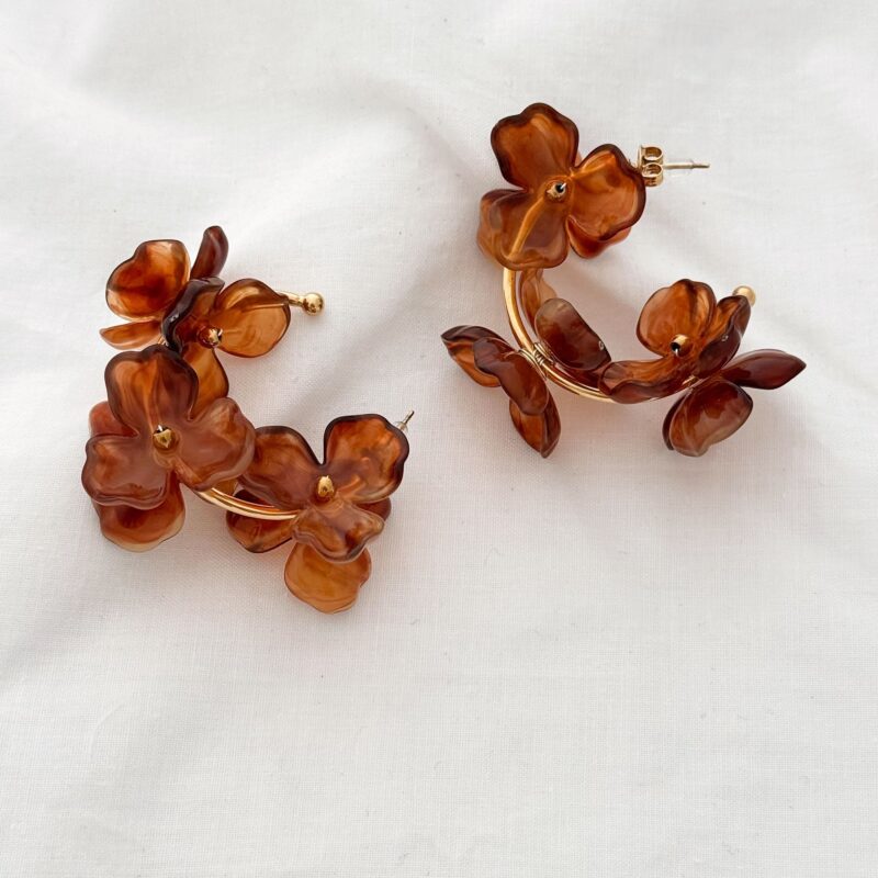Boucles d'oreilles XXL style grandes créoles ouvertes en acier inoxydable doré La paire se compose de fleurs en acétate coloré, marron Dimensions de la créole : 3.5 cm x 3.5 cm Dimensions de la boucle : 5 cm x 4.7 cm Longueur : 4.5 cm Poids d'une boucle : 11.94 g Par mesure d’hygiène, les boucles d’oreilles ne sont ni reprises, ni échangées Cette paire est garantie sans nickel, sans cadmium, sans sel de plomb Elle résiste à l’eau et ne noircit pas.