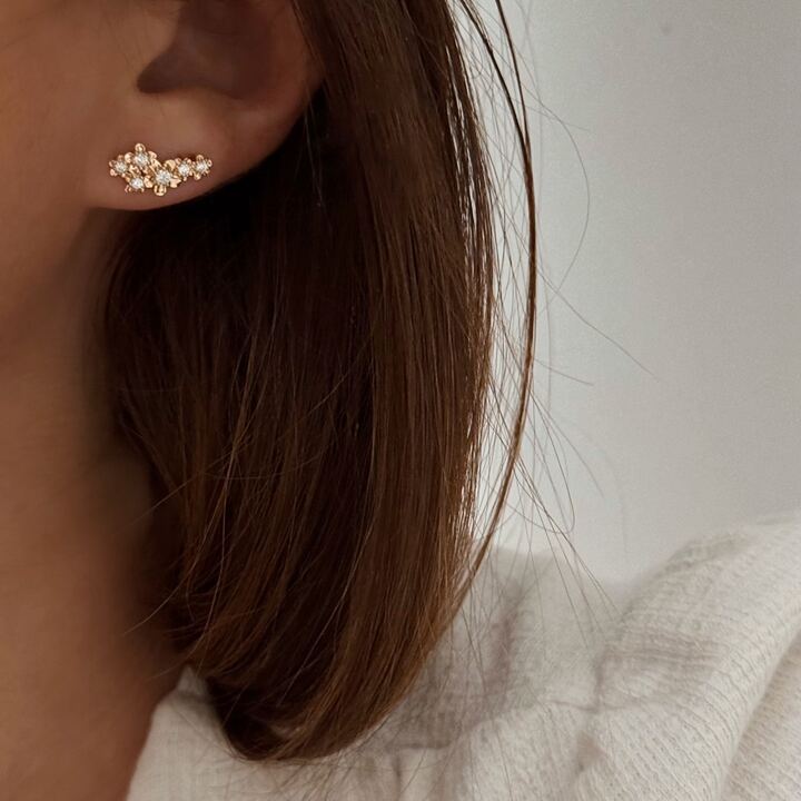 Boucles d'oreilles grimpantes sur le lobe pour femme en plaqué or 3 microns 18 carats. Le bijou se compose d'un design en forme de grappe de petites fleurs. Chaque fleur est sertie d'un petit oxyde de zirconium en son centre.