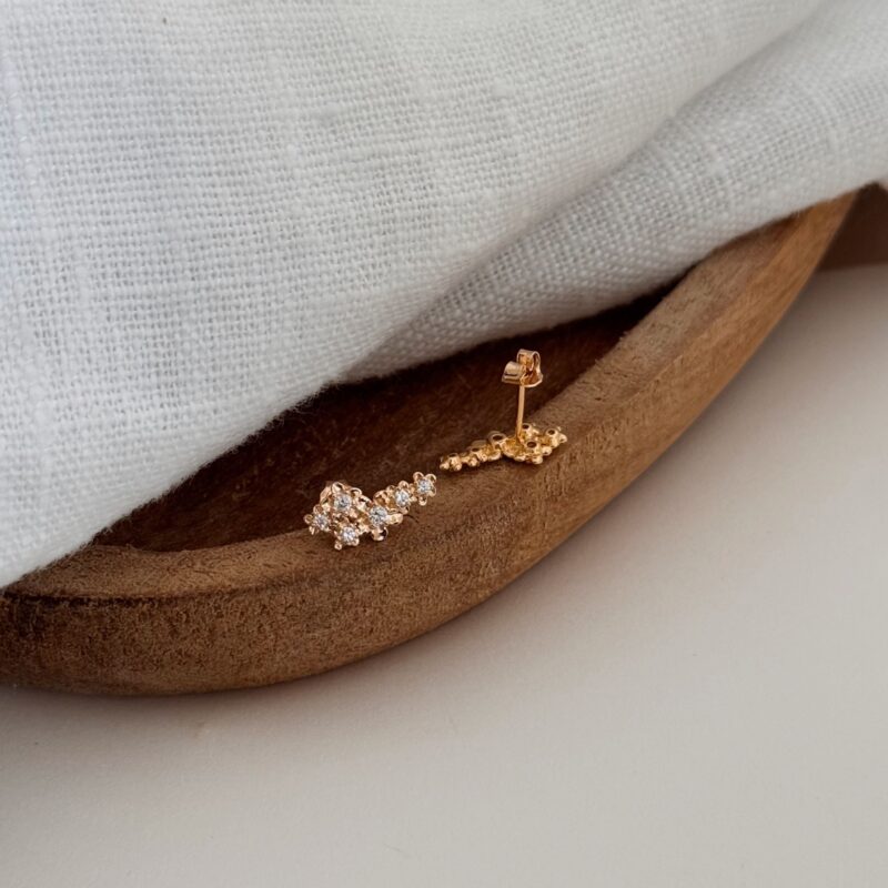 Boucles d'oreilles montantes en plaqué or 3 microns 18 carats Ce bijou se compose de plusieurs oxydes de zirconium de différentes tailles La boucle vient se plaquer le long de votre lobe Longueur : 1.5 cm Fermoir papillon Par mesure d’hygiène, les boucles d’oreilles ne sont ni reprises, ni échangées