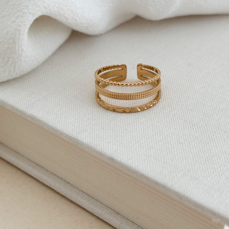 Bague large en acier inoxydable doré Le bijou se compose de 3 anneaux de différents styles  Largeur : 0.9 cm Taille légèrement ajustable du 54 à 56 Cette bague est garantie sans nickel, sans cadmium, sans sel de plomb Elle résiste à l’eau et ne noircit pas