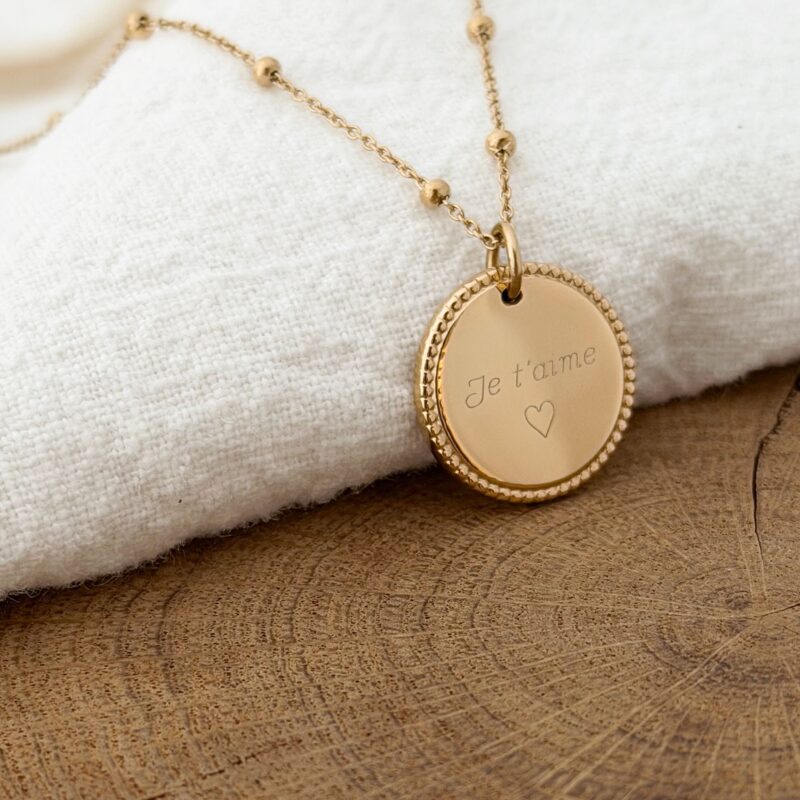 Carmen collier acier inoxydable doré bijou médaillon à personnaliser chaine boules tendance gravure selection jolie demoiselle shop