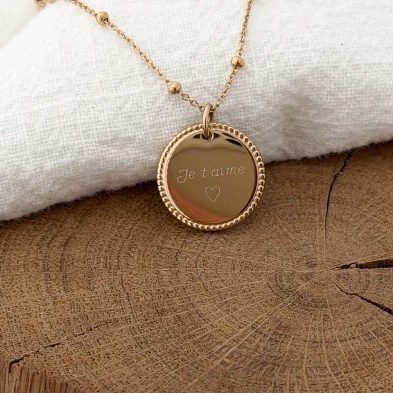 Carmen collier acier inoxydable doré bijou médaillon à personnaliser chaine boules tendance gravure selection jolie demoiselle shop