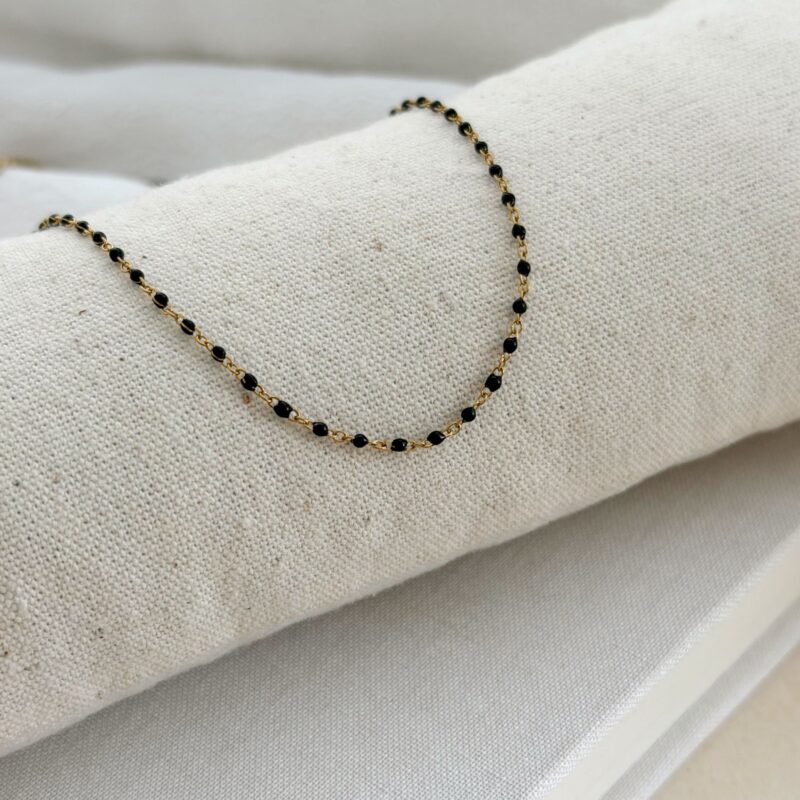 Collier lopa bijou acier inoxydable dore pour femme fine chaine emaillée de noir tour de cou ajustable séléction jolie demoiselle shop