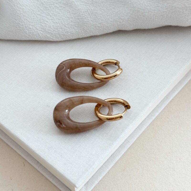 candice boucles d'oreilles bijou femme acier inoxydable dore pendantes pendentif oval coloris marron selection bijoux jolie demoiselle