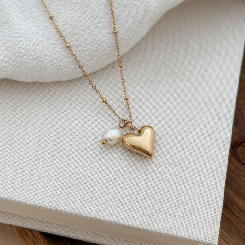 collier charlie bijou femme chaine boules pendentif coeur bombe perle résine collection amour acier inoxydable dore bijoux jolie demoiselle