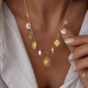 Collier cléa acier inoxydable doré et pamilles soleil coeurs trefle perles et étoile collection été jolie demoiselle shop