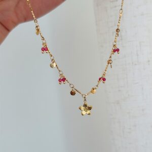 collier acier inoxydable doré pour femme pampilles rose et fleur tendance collection jolie demoiselle
